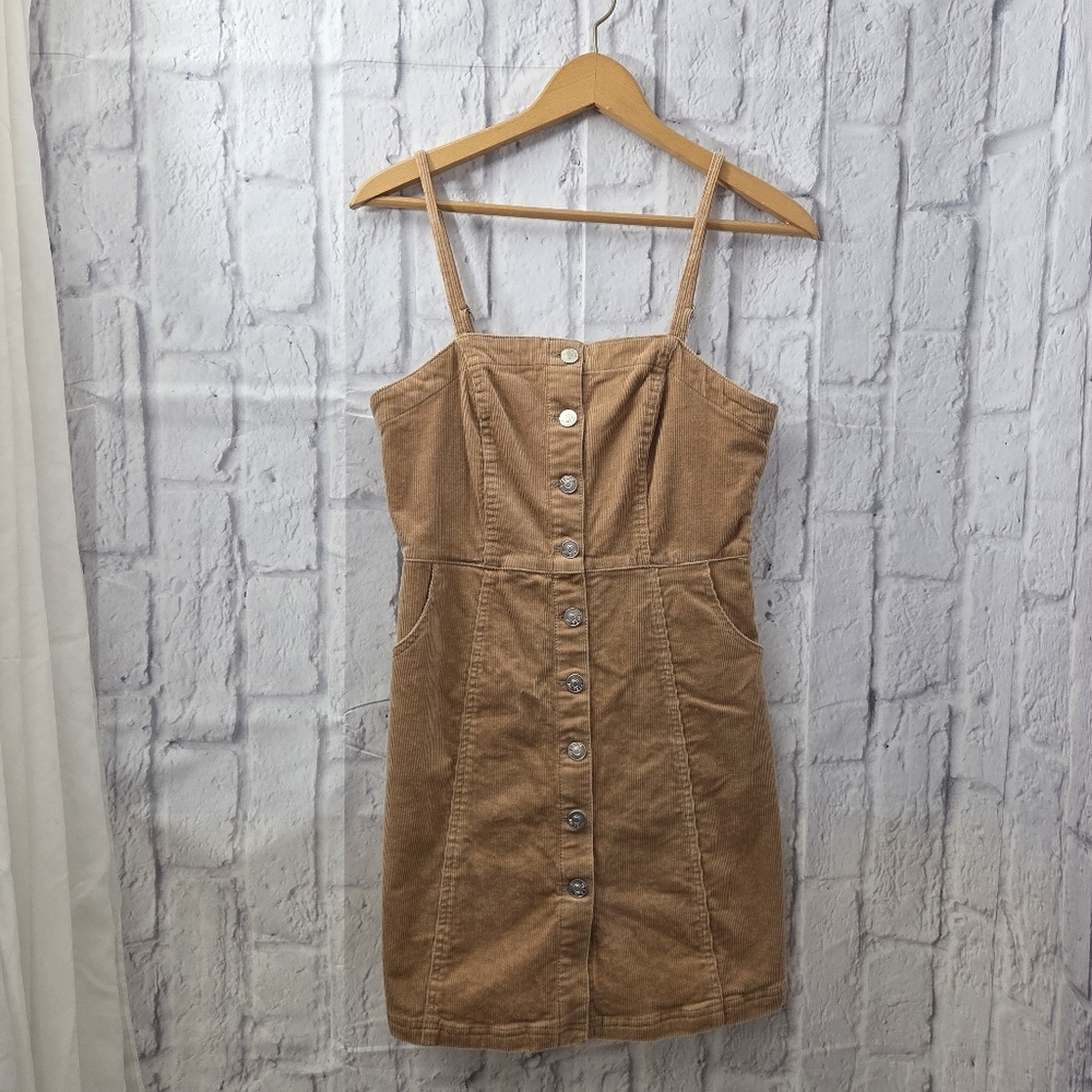 Love Tree Medium Tan Button Front Corduroy Spaghetti Strap Summer Mini Dress
